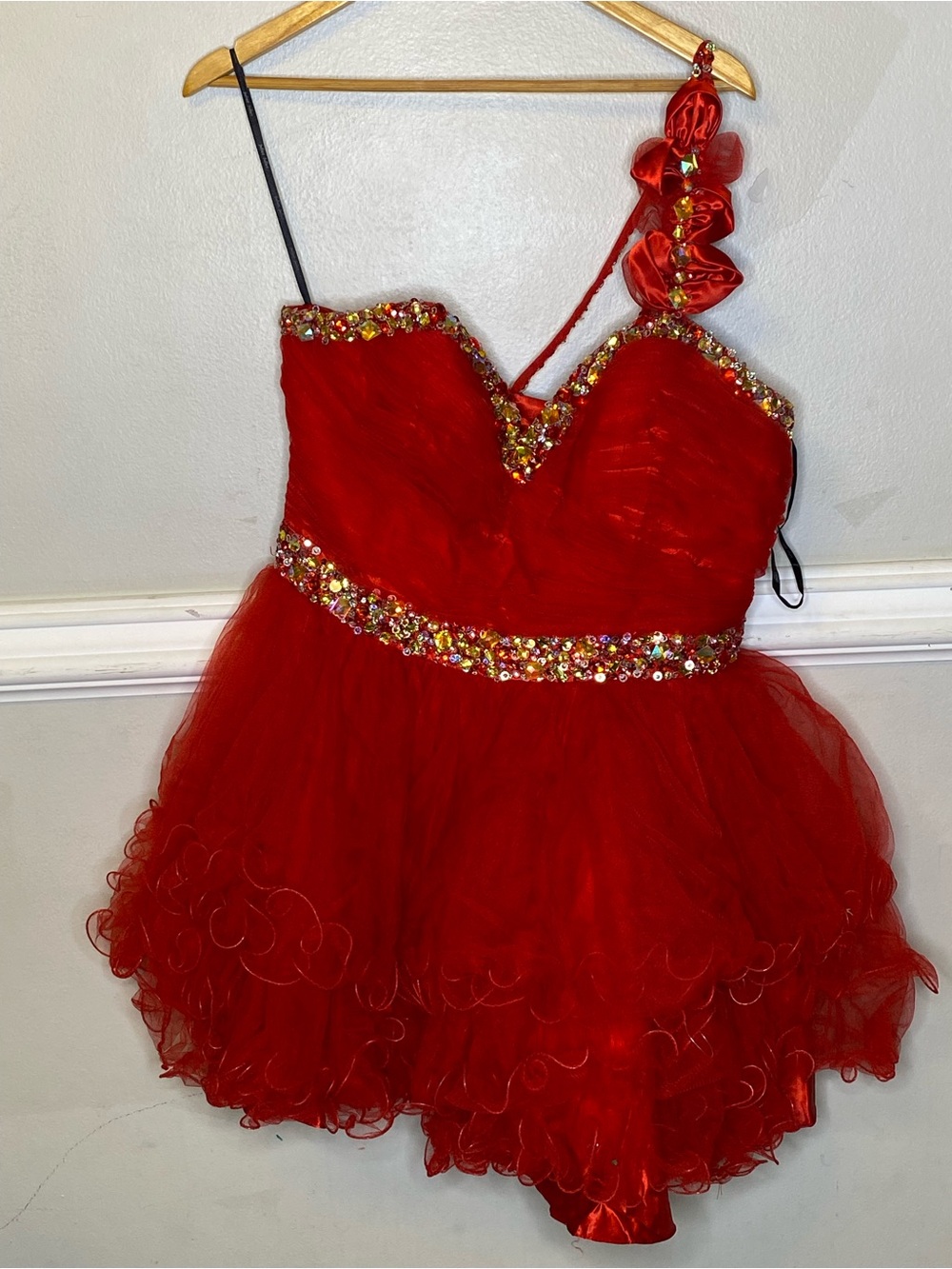 Vintage Red One-Shoulder Prom Dress with Sequin Trim